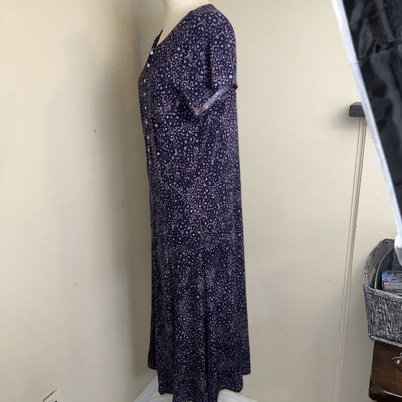 Jaclyn Smith Purple Black Floral Maxi Dress Faux Buttons Silver Sparkle Size XL - Picture 5 of 9
